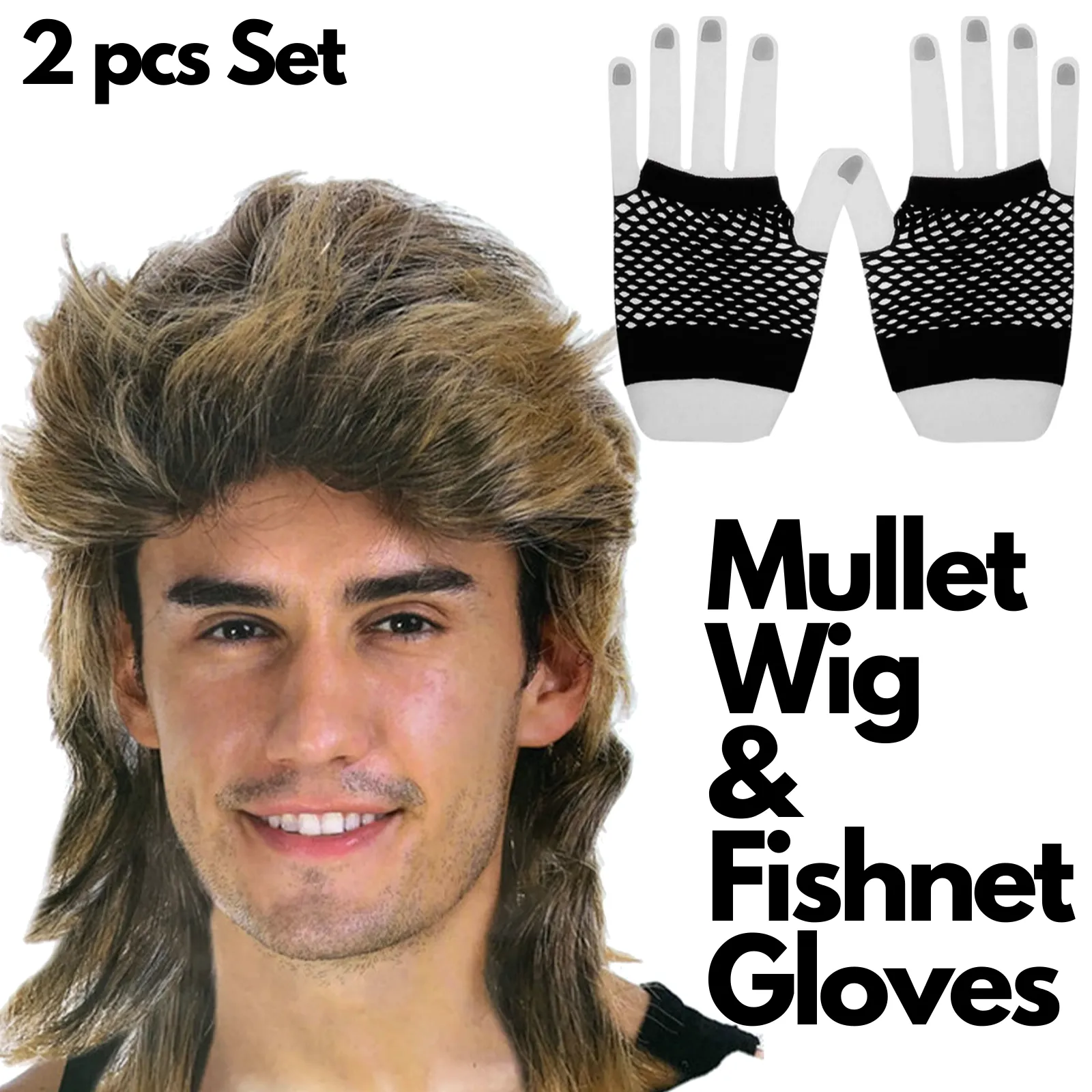 2Pcs Set Golden Blonde Bullet Wig   Fishnet Gloves 70s 80s Womens Costume Party - Blue - One Size Fits Most
