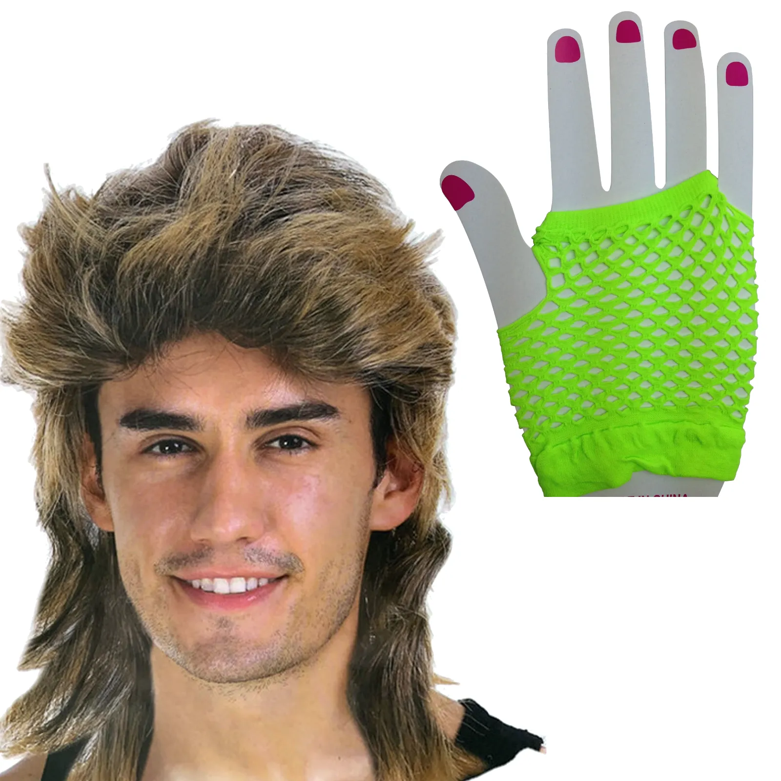 2Pcs Set Golden Blonde Bullet Wig   Fishnet Gloves 70s 80s Womens Costume Party - Blue - One Size Fits Most