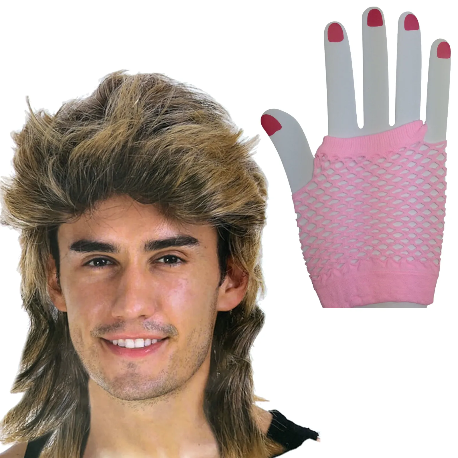 2Pcs Set Golden Blonde Bullet Wig   Fishnet Gloves 70s 80s Womens Costume Party - Blue - One Size Fits Most