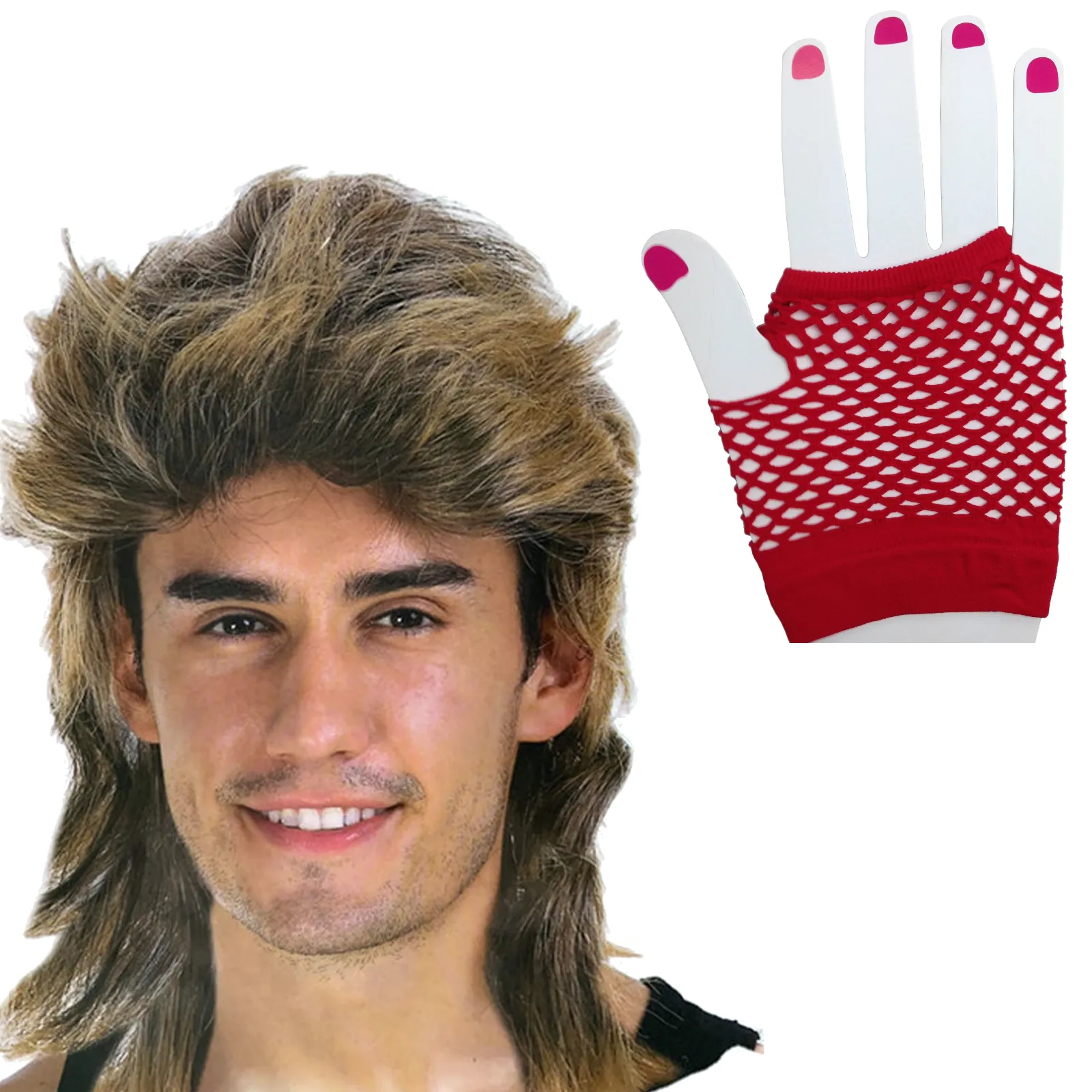 2Pcs Set Golden Blonde Bullet Wig   Fishnet Gloves 70s 80s Womens Costume Party - Blue - One Size Fits Most