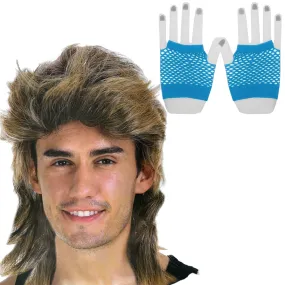 2Pcs Set Golden Blonde Bullet Wig   Fishnet Gloves 70s 80s Womens Costume Party - Blue - One Size Fits Most