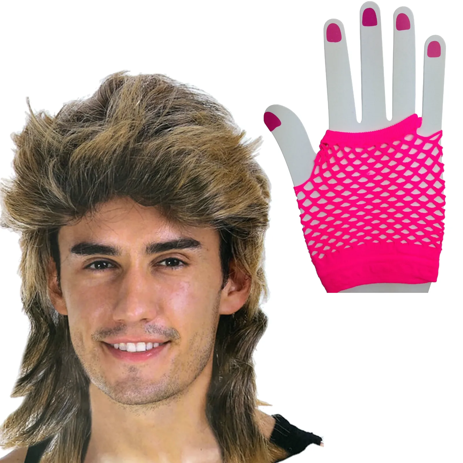 2Pcs Set Golden Blonde Bullet Wig   Fishnet Gloves 70s 80s Womens Costume Party - Blue - One Size Fits Most