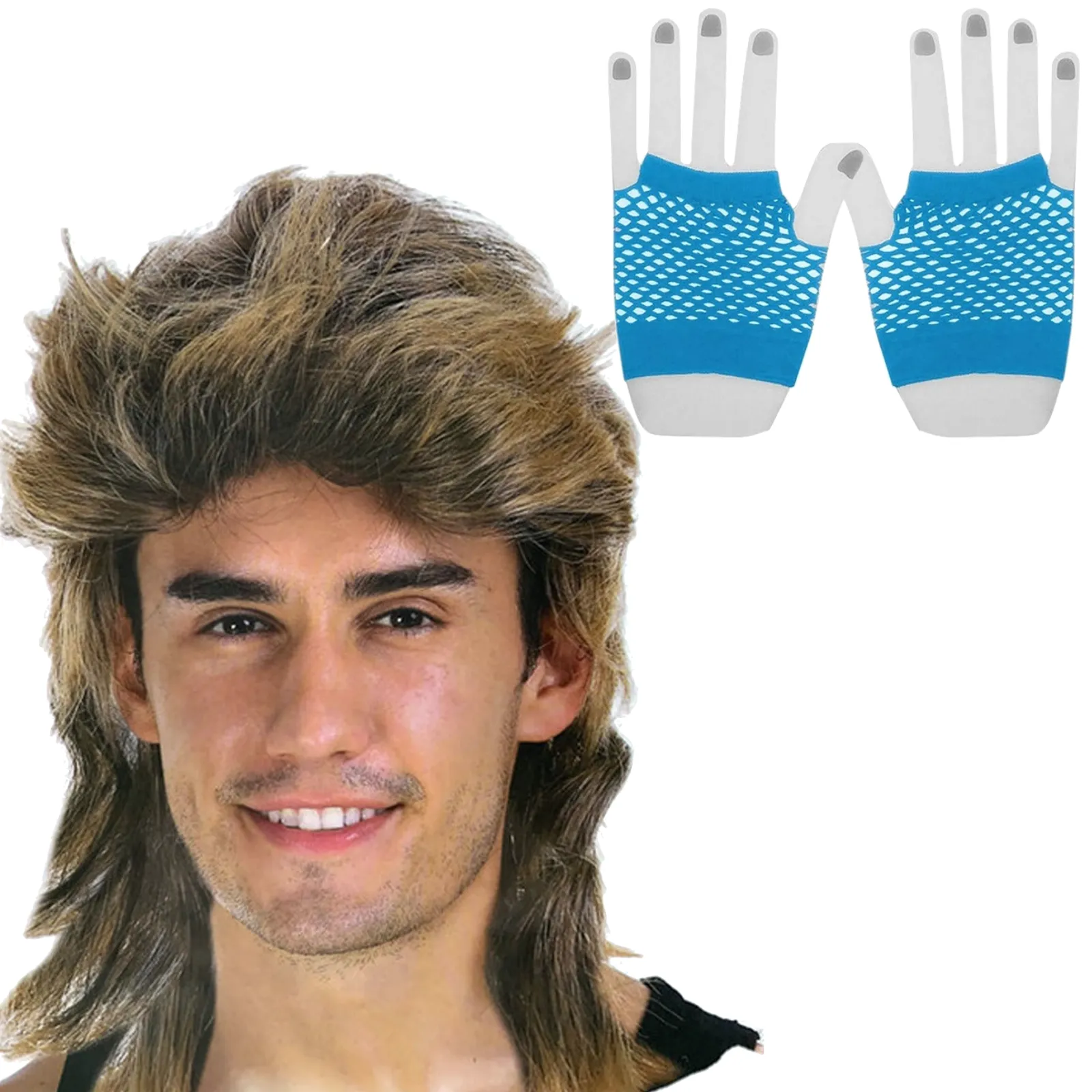 2Pcs Set Golden Blonde Bullet Wig   Fishnet Gloves 70s 80s Womens Costume Party - Blue - One Size Fits Most