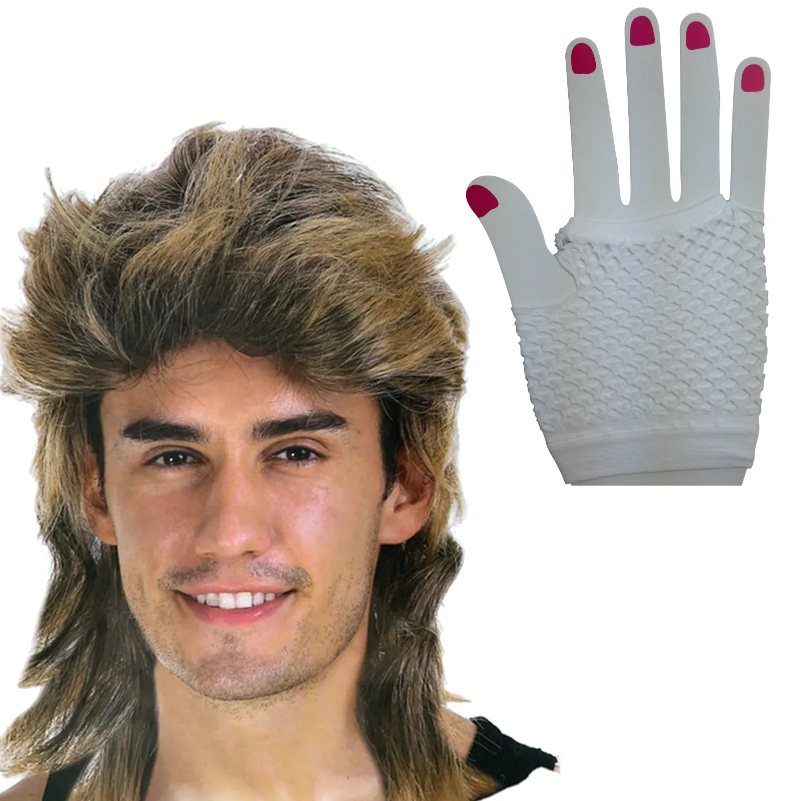 2Pcs Set Golden Blonde Bullet Wig   Fishnet Gloves 70s 80s Womens Costume Party - Blue - One Size Fits Most