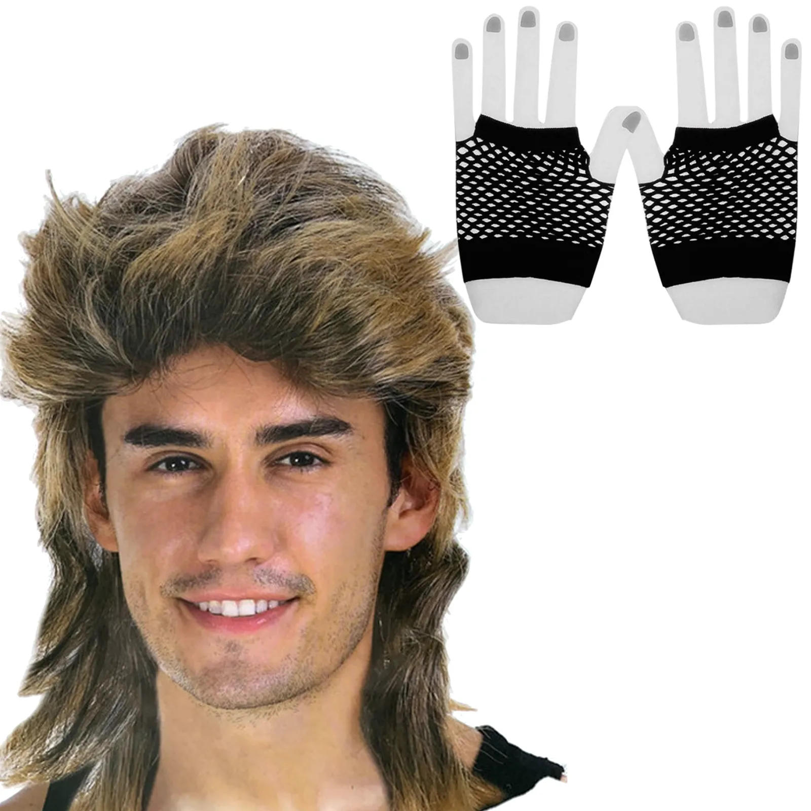 2Pcs Set Golden Blonde Bullet Wig   Fishnet Gloves 70s 80s Womens Costume Party - Blue - One Size Fits Most