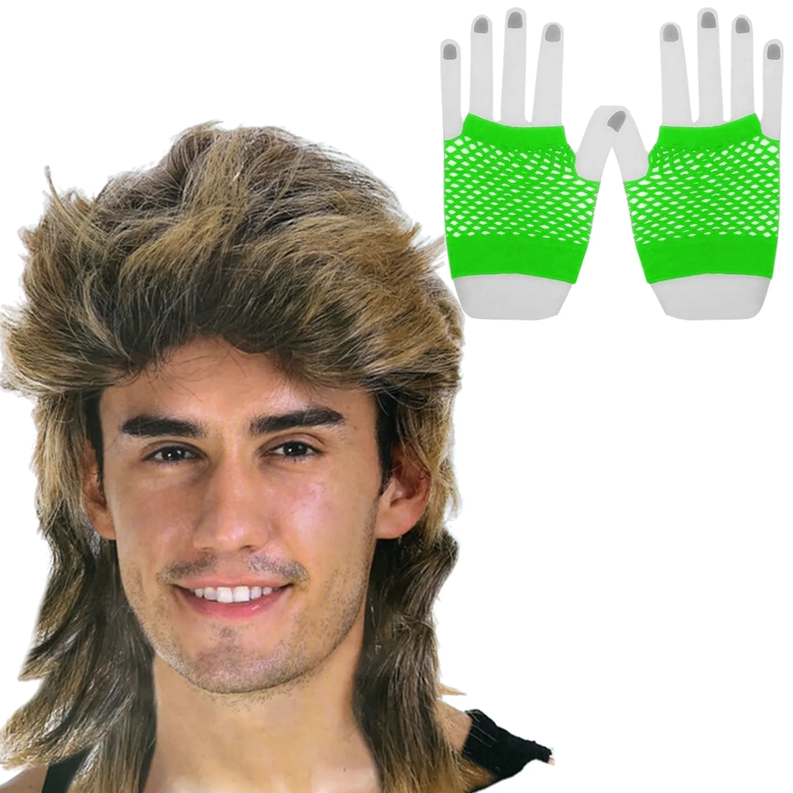 2Pcs Set Golden Blonde Bullet Wig   Fishnet Gloves 70s 80s Womens Costume Party - Blue - One Size Fits Most