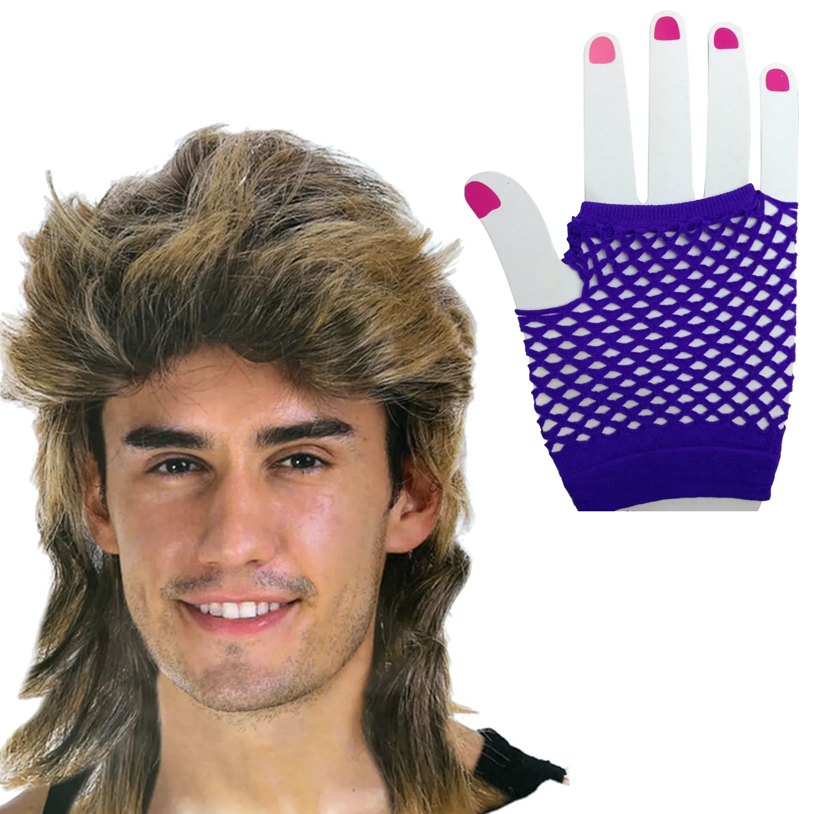 2Pcs Set Golden Blonde Bullet Wig   Fishnet Gloves 70s 80s Womens Costume Party - Blue - One Size Fits Most