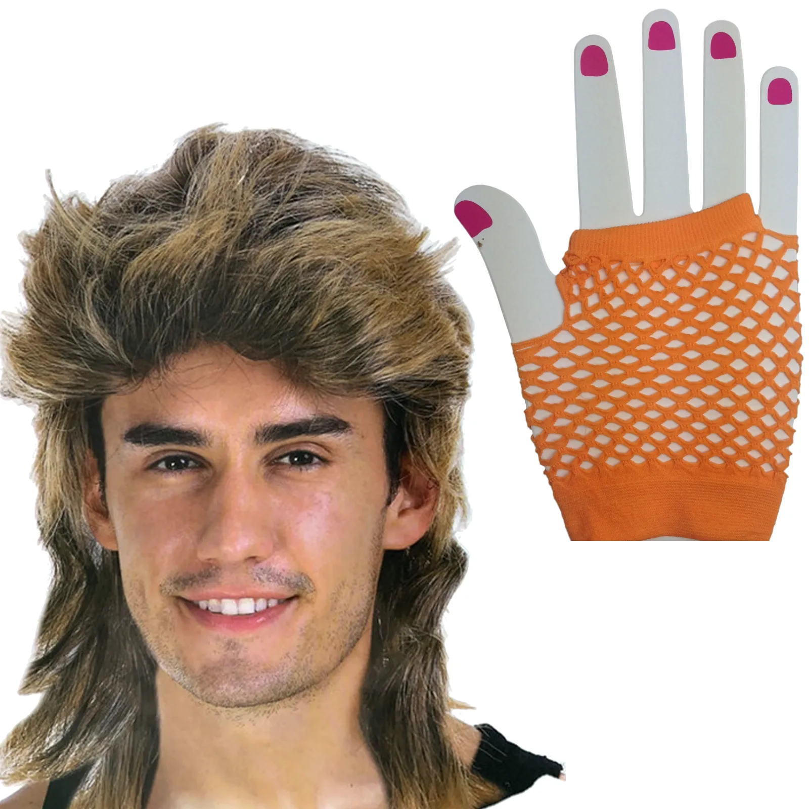 2Pcs Set Golden Blonde Bullet Wig   Fishnet Gloves 70s 80s Womens Costume Party - Blue - One Size Fits Most