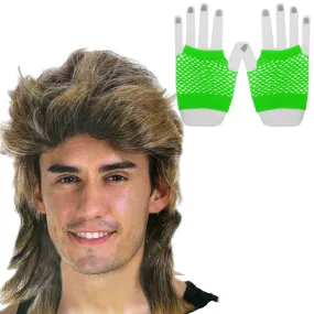 2Pcs Set Golden Blonde Bullet Wig   Fishnet Gloves 70s 80s Womens Costume Party - FLUROGREEN - One-Size