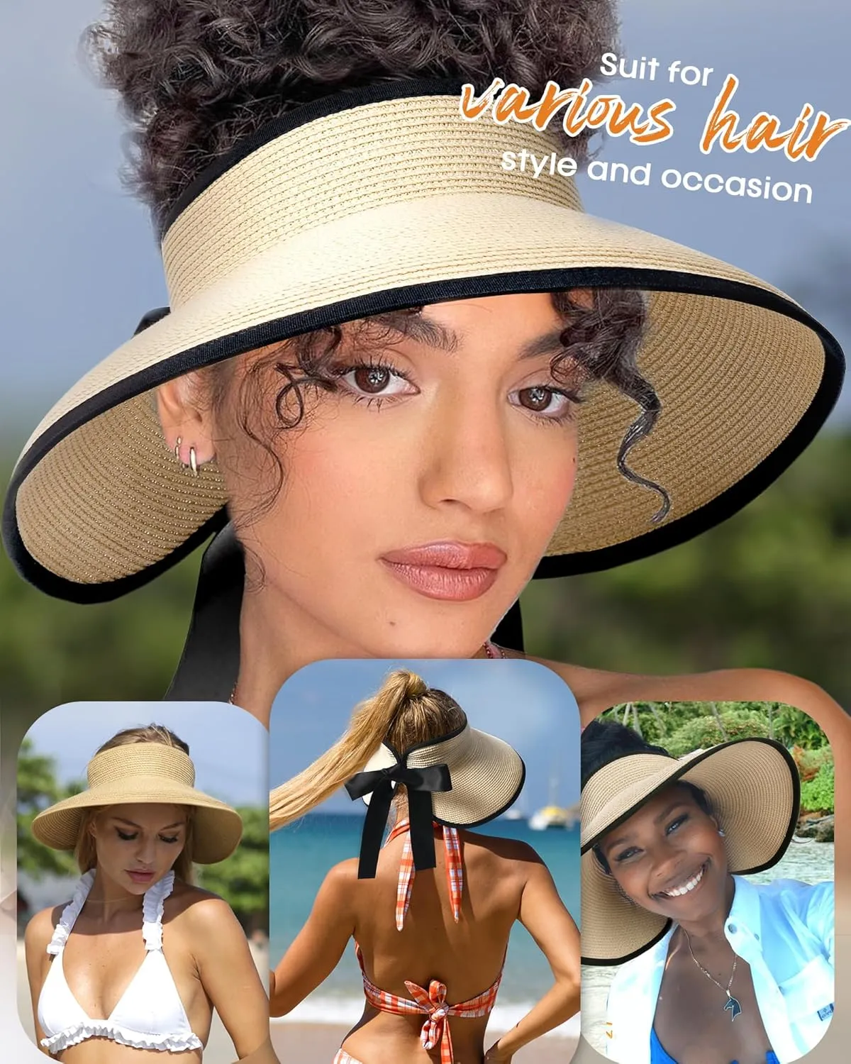 Camptrace Sun Visors for Women Wide Brim Beach Hat Foldable Straw Visor Hat Ponytail Summer Packable UPF 80 
