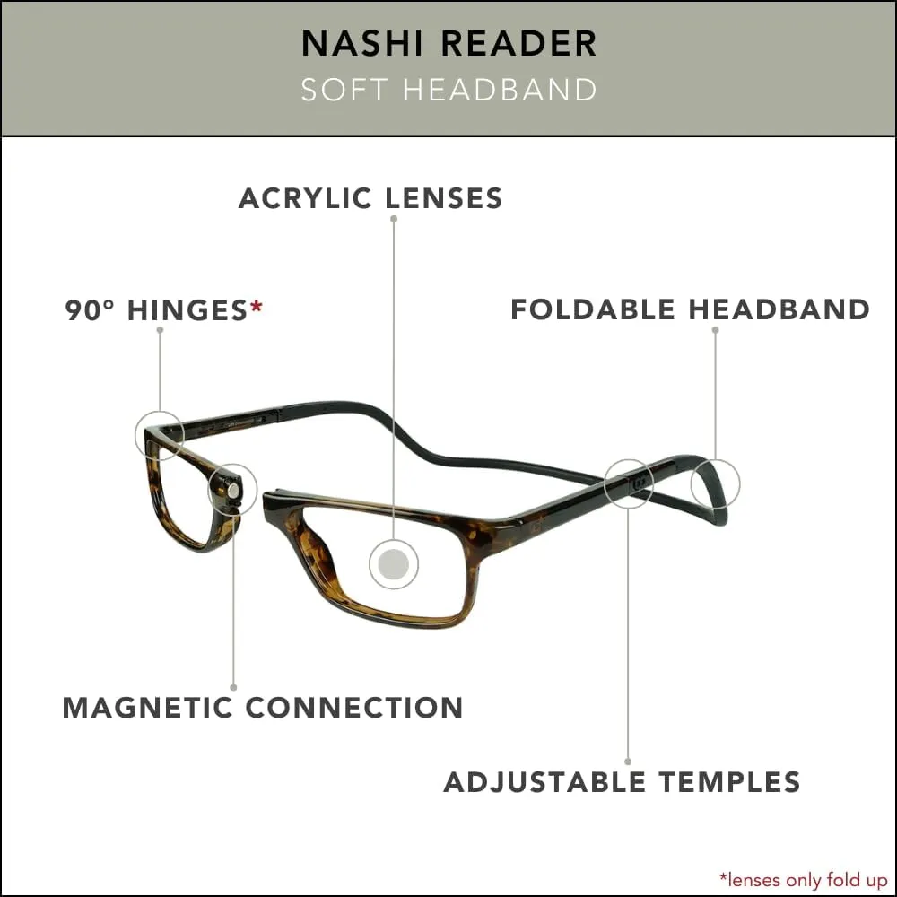 Clic Magnetic Reading Glasses for Men or Women, Soft Foldable Band, Computer Readers, Nashi (S-XL)