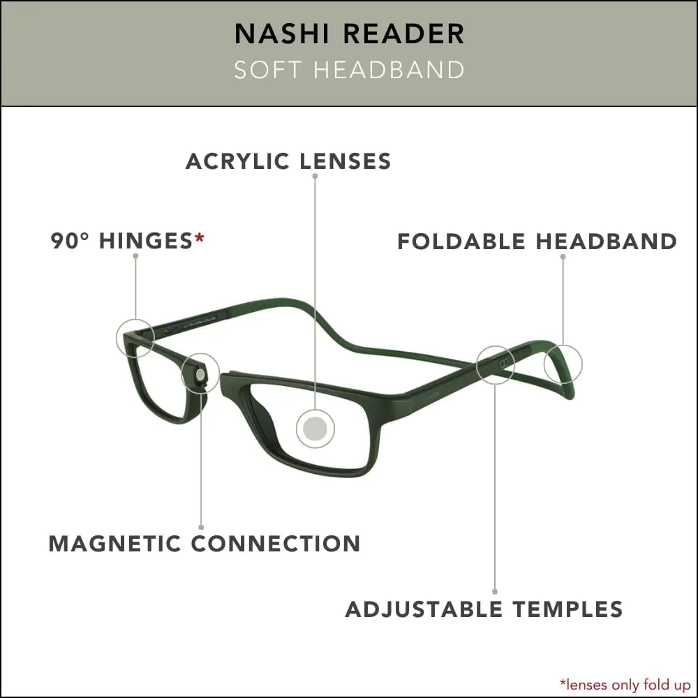 Clic Magnetic Reading Glasses for Men or Women, Soft Foldable Band, Computer Readers, Nashi (S-XL)