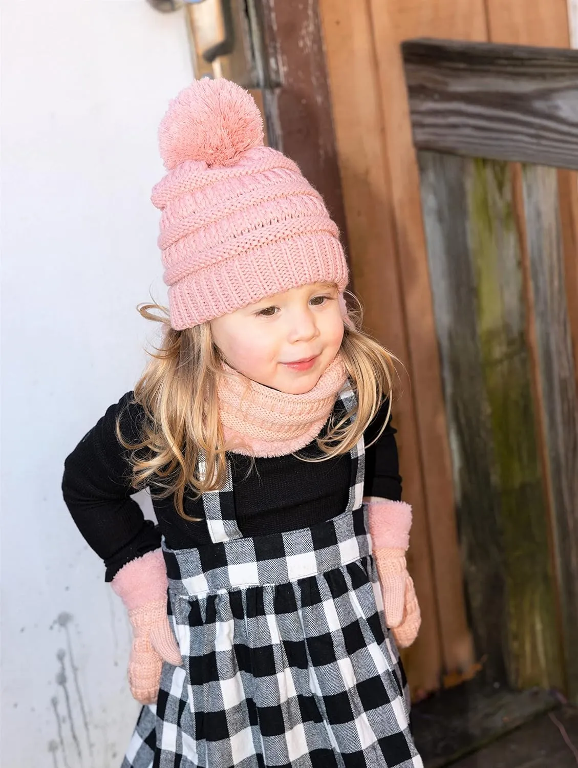Funky Junque Kids Matching Neck Warmer Scarf Soft Fuzzy Cuff Gloves Mittens Ribbed Knit Pom Pom Beanie Bundle Boy Girl