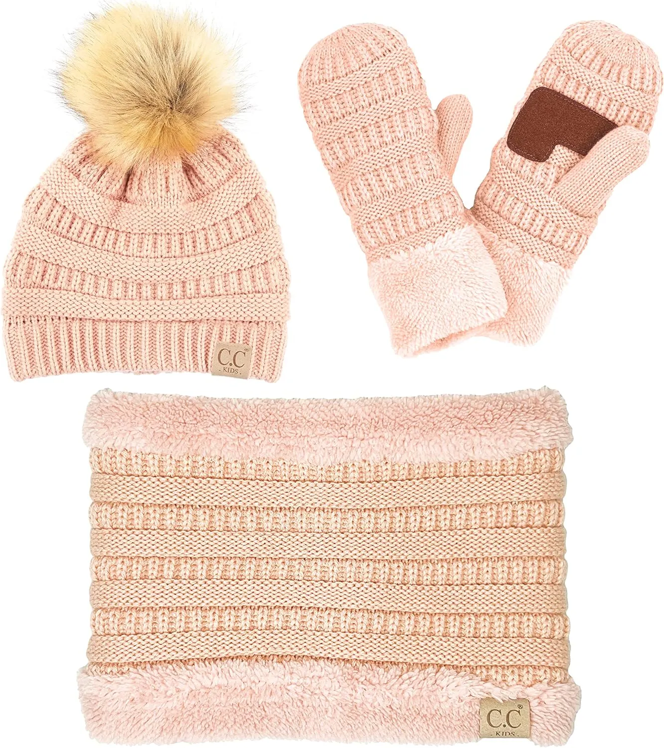 Funky Junque Kids Matching Neck Warmer Scarf Soft Fuzzy Cuff Gloves Mittens Ribbed Knit Pom Pom Beanie Bundle Boy Girl