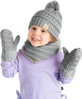 Funky Junque Kids Matching Neck Warmer Scarf Soft Fuzzy Cuff Gloves Mittens Ribbed Knit Pom Pom Beanie Bundle Boy Girl