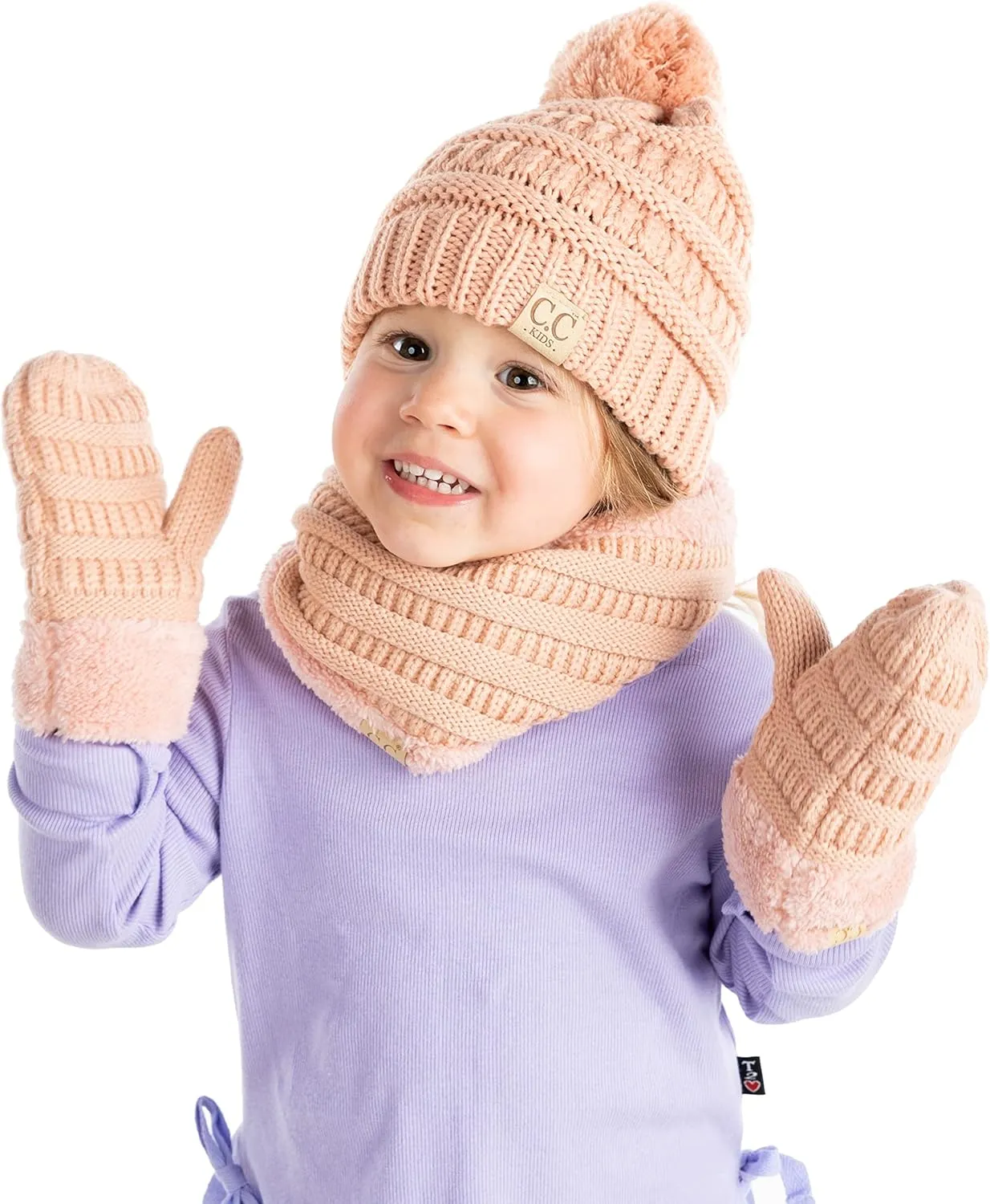 Funky Junque Kids Matching Neck Warmer Scarf Soft Fuzzy Cuff Gloves Mittens Ribbed Knit Pom Pom Beanie Bundle Boy Girl