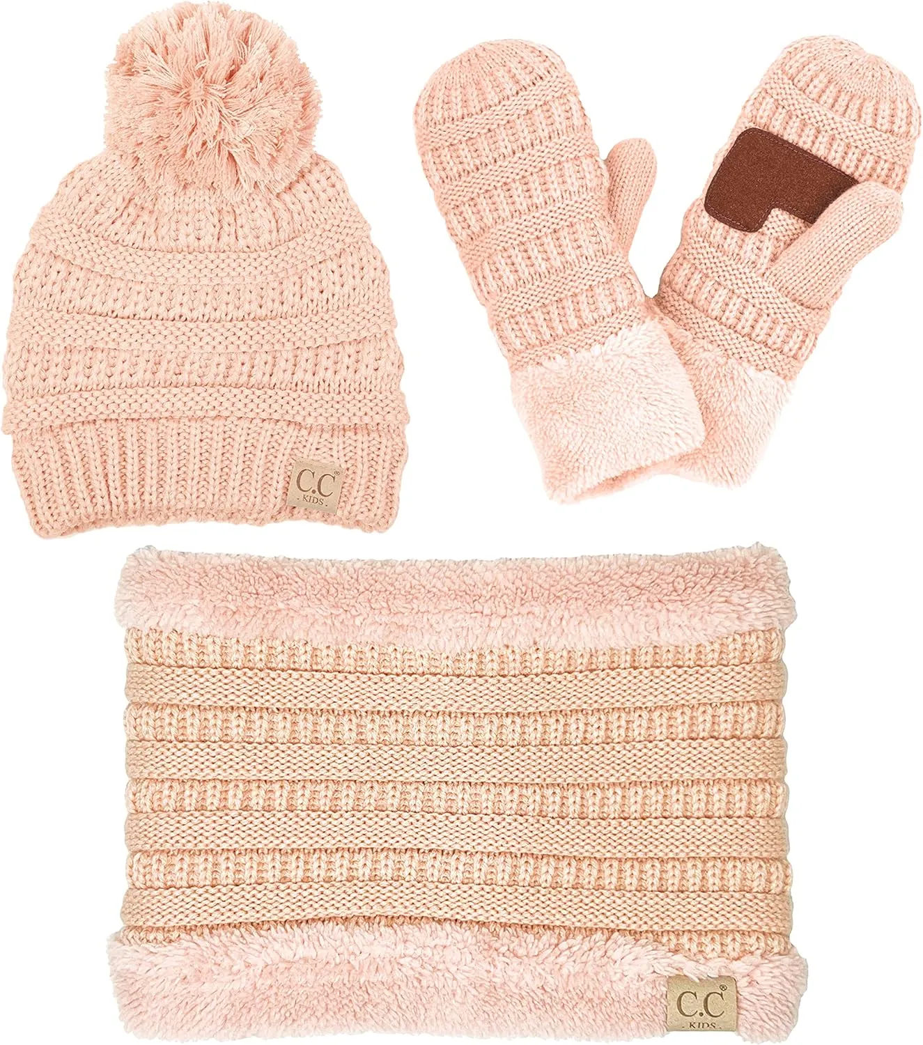 Funky Junque Kids Matching Neck Warmer Scarf Soft Fuzzy Cuff Gloves Mittens Ribbed Knit Pom Pom Beanie Bundle Boy Girl