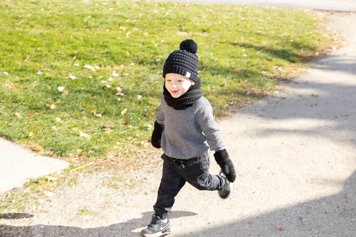Funky Junque Kids Matching Neck Warmer Scarf Soft Fuzzy Cuff Gloves Mittens Ribbed Knit Pom Pom Beanie Bundle Boy Girl