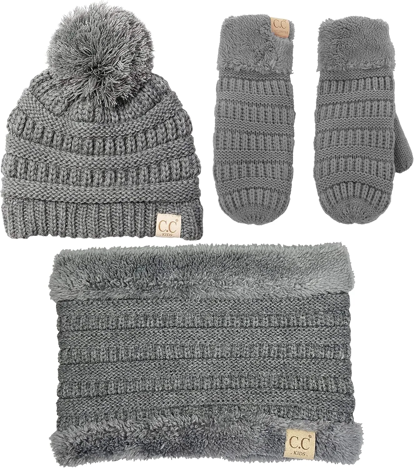 Funky Junque Kids Matching Neck Warmer Scarf Soft Fuzzy Cuff Gloves Mittens Ribbed Knit Pom Pom Beanie Bundle Boy Girl