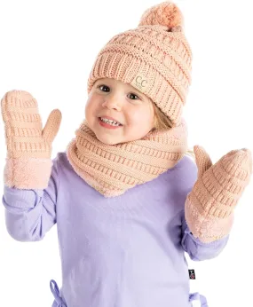 Funky Junque Kids Matching Neck Warmer Scarf Soft Fuzzy Cuff Gloves Mittens Ribbed Knit Pom Pom Beanie Bundle Boy Girl
