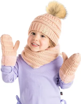 Funky Junque Kids Matching Neck Warmer Scarf Soft Fuzzy Cuff Gloves Mittens Ribbed Knit Pom Pom Beanie Bundle Boy Girl