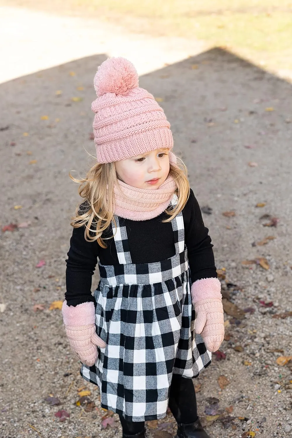 Funky Junque Kids Matching Neck Warmer Scarf Soft Fuzzy Cuff Gloves Mittens Ribbed Knit Pom Pom Beanie Bundle Boy Girl