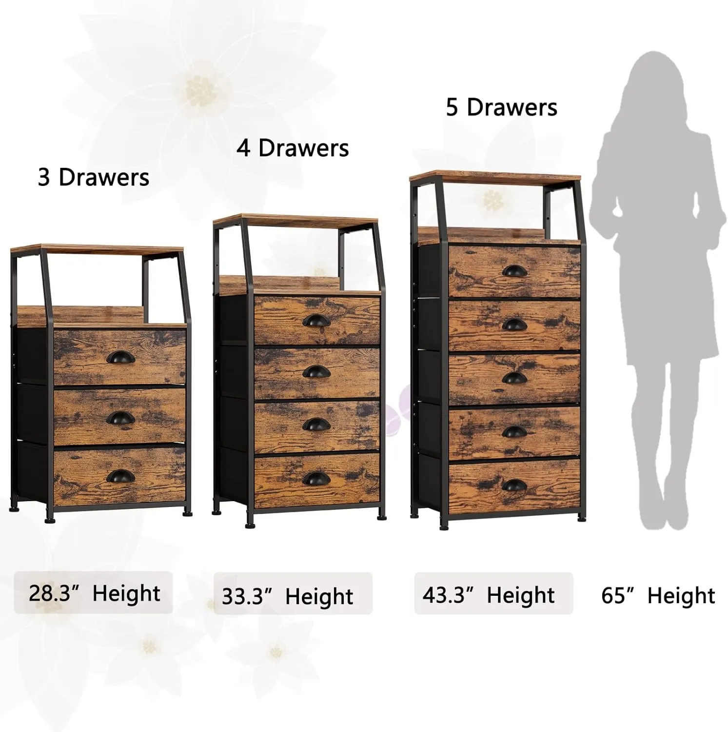 Furnulem Tall 5 Drawers Dresser, Vertical Storage Tower Fabric Dresser for Bedroom, Hallway, Entryway, Nursery, Closet Organizer, Nightstand Bedside Table Furniture, Sturdy Steel Frame, Wood Top