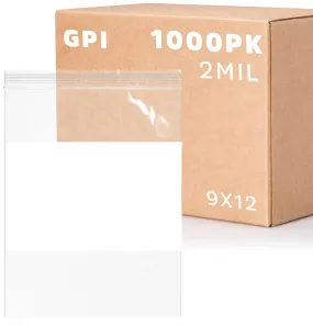 GPI Case of 1000 9" X 12" Clear Plastic Reclosable Zip Bags - Bulk 2 Mil Thick Strong & Durable Poly Baggies with Resealable Zipper Top Lock & Write-on White Block, for Storage, Packaging & Shipping