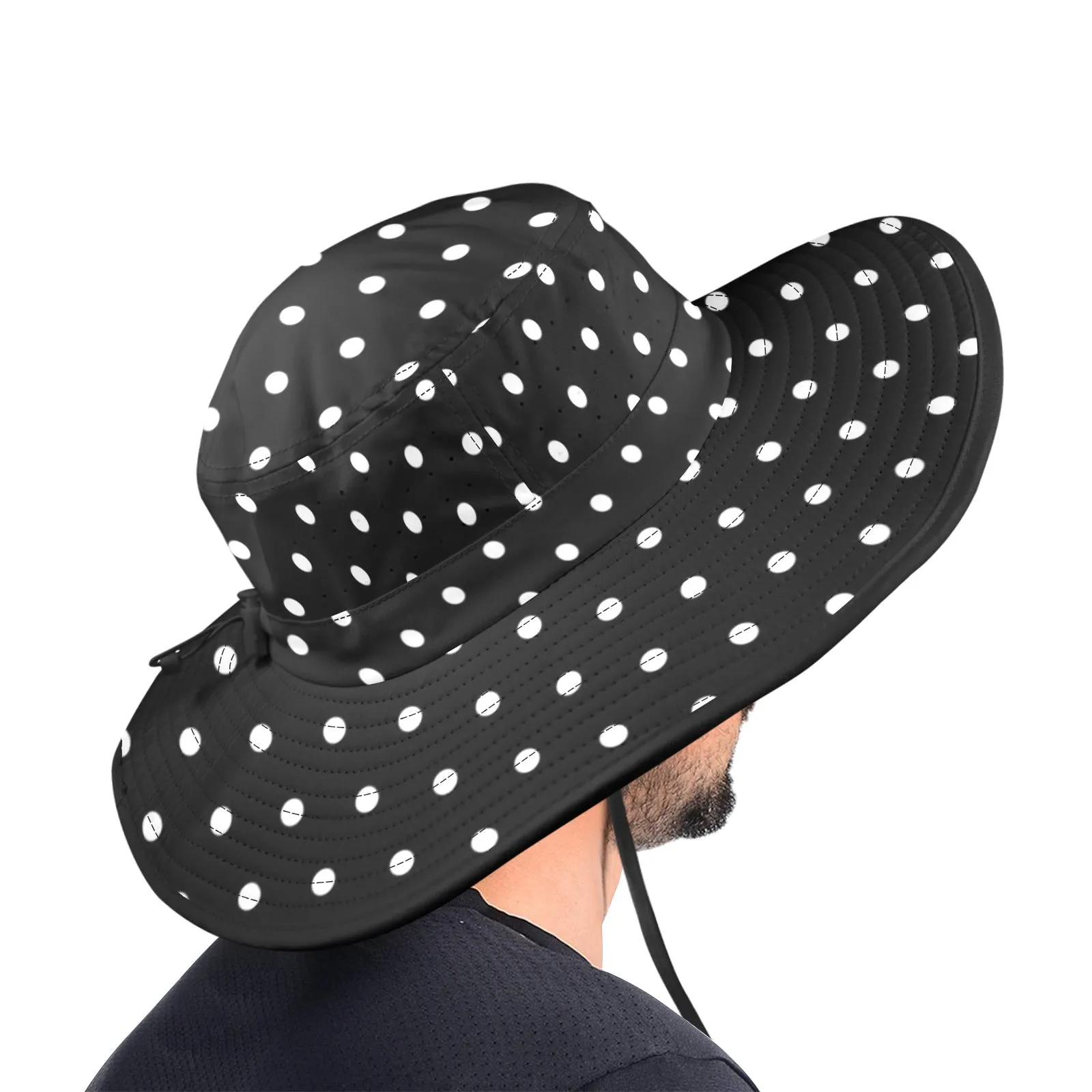 hex polkadot print black and white Wide Brim Bucket Hat