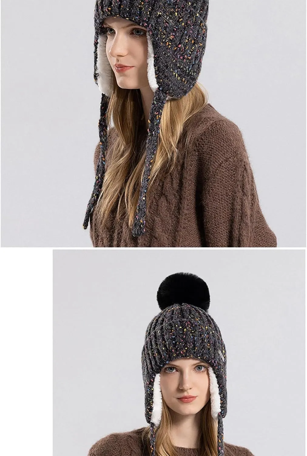 JOAU Winter Colorful Knit Hats for Women Soft Faux Fur Pom Ear Flaps Beanie Hat Warm Fleece Lined Sherpa Ski Snow Skully Cap