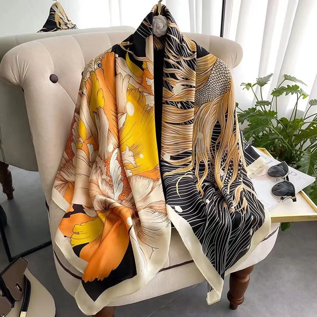 K-Elewon Large Square Scarf 43" Silk Scarf Fashion Scarves Silk Feeling Hair Wrapping Scarfs Night Sleeping Headscarf