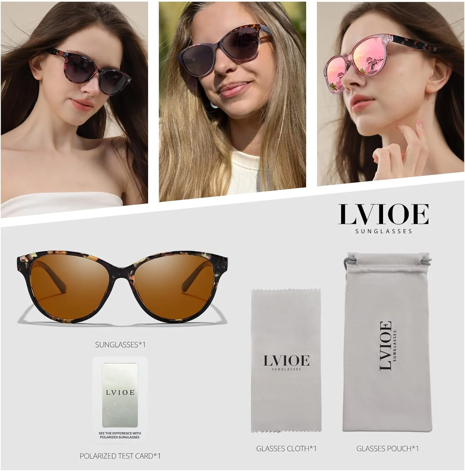 LVIOE Polarized Cat Eye Sunglasses for Women Trendy Classic Retro Shades with UV400 Protection for Driving Fishing LS8091