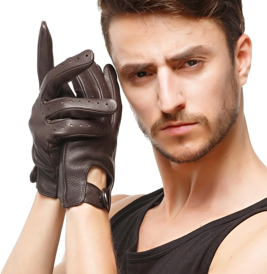 Nappaglo Men's Deerskin Leather Driving Gloves Touchscreen Full Finger Motorcycle Cycling Riding Unlined Gloves (M (Palm Girth:8"-8.5"), Dark Brown (Non-Touchscreen))