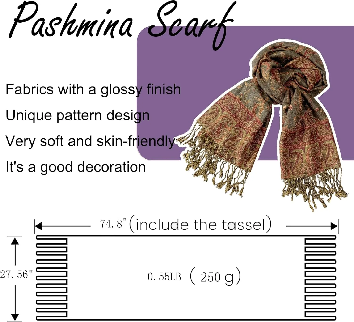 Pashmina Scarf for Women Shawls and Wraps Reversible Paisley Vintage Jacquard Soft Silky Rave Scarves Men