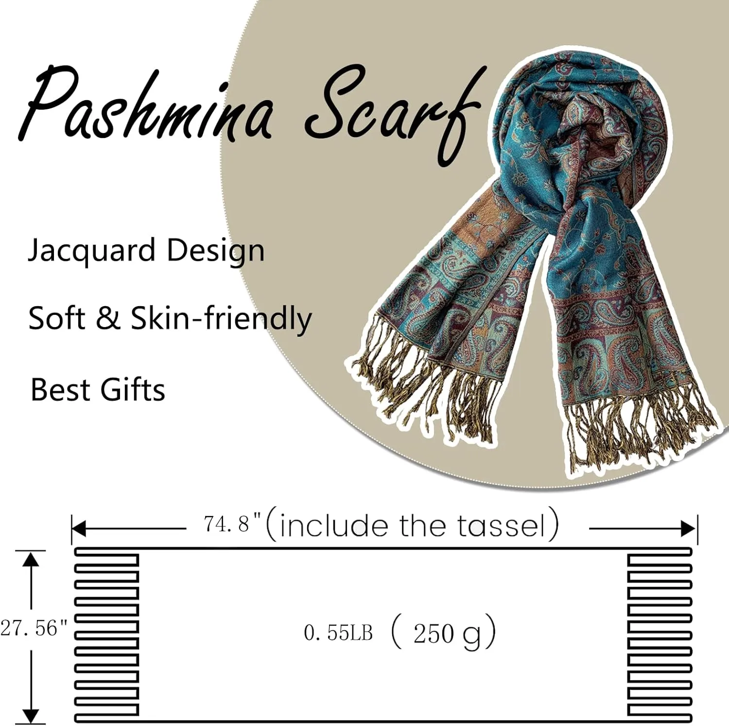 Pashmina Scarf for Women Shawls and Wraps Reversible Paisley Vintage Jacquard Soft Silky Rave Scarves Men