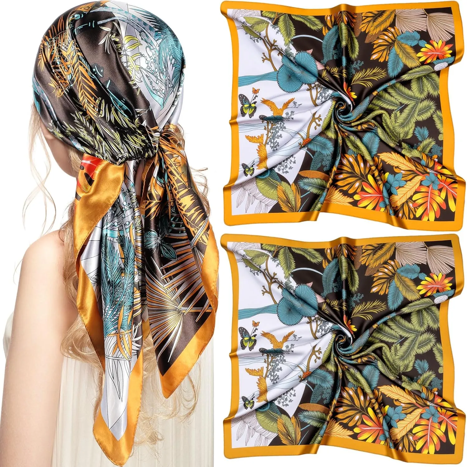 SATINIOR 35 Inch Silky Head Scarf 2 Pcs Large Square Neck Scarf Sleeping Hair Wrapping Satin Bandana for Women