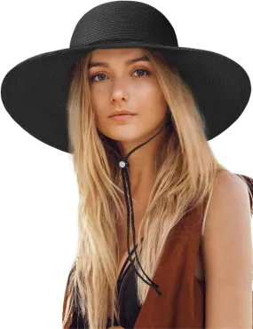Sun Hats for Women, Oversize Wide Brim Straw Hat for Summer Travel Beach Foldable UV Protection with Wind Lanyard UPF 50 