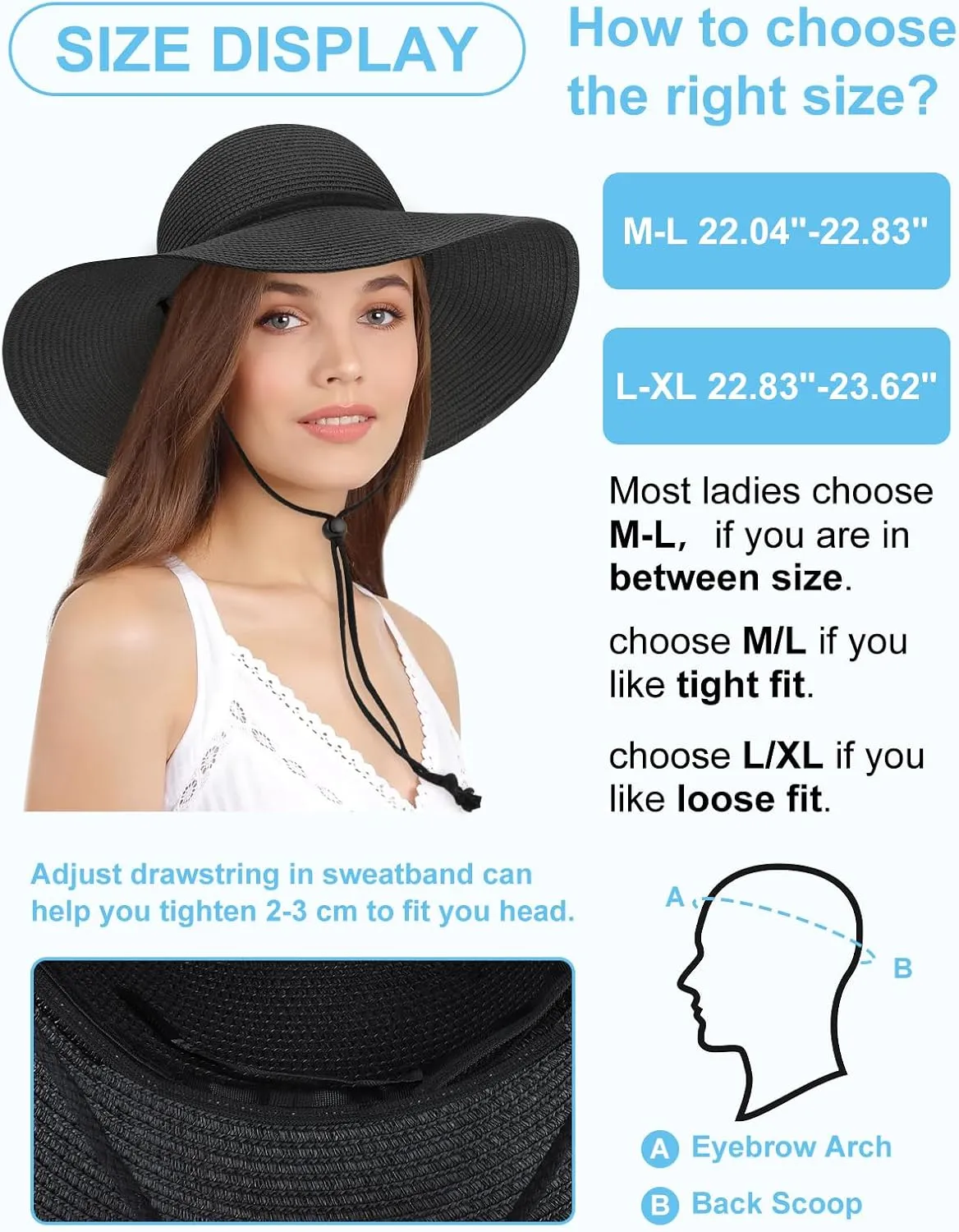 Sun Hats for Women, Oversize Wide Brim Straw Hat for Summer Travel Beach Foldable UV Protection with Wind Lanyard UPF 50 