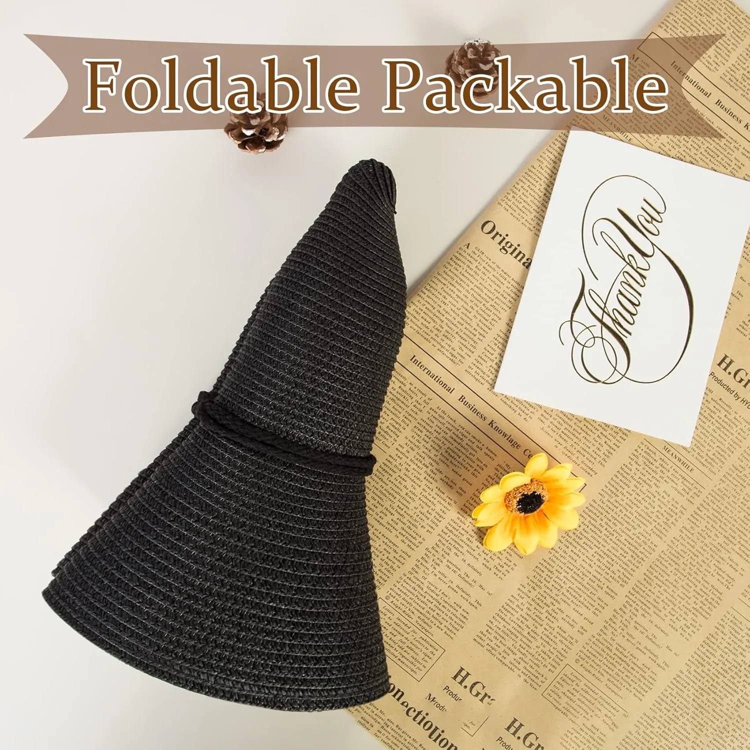 Sun Hats for Women, Oversize Wide Brim Straw Hat for Summer Travel Beach Foldable UV Protection with Wind Lanyard UPF 50 