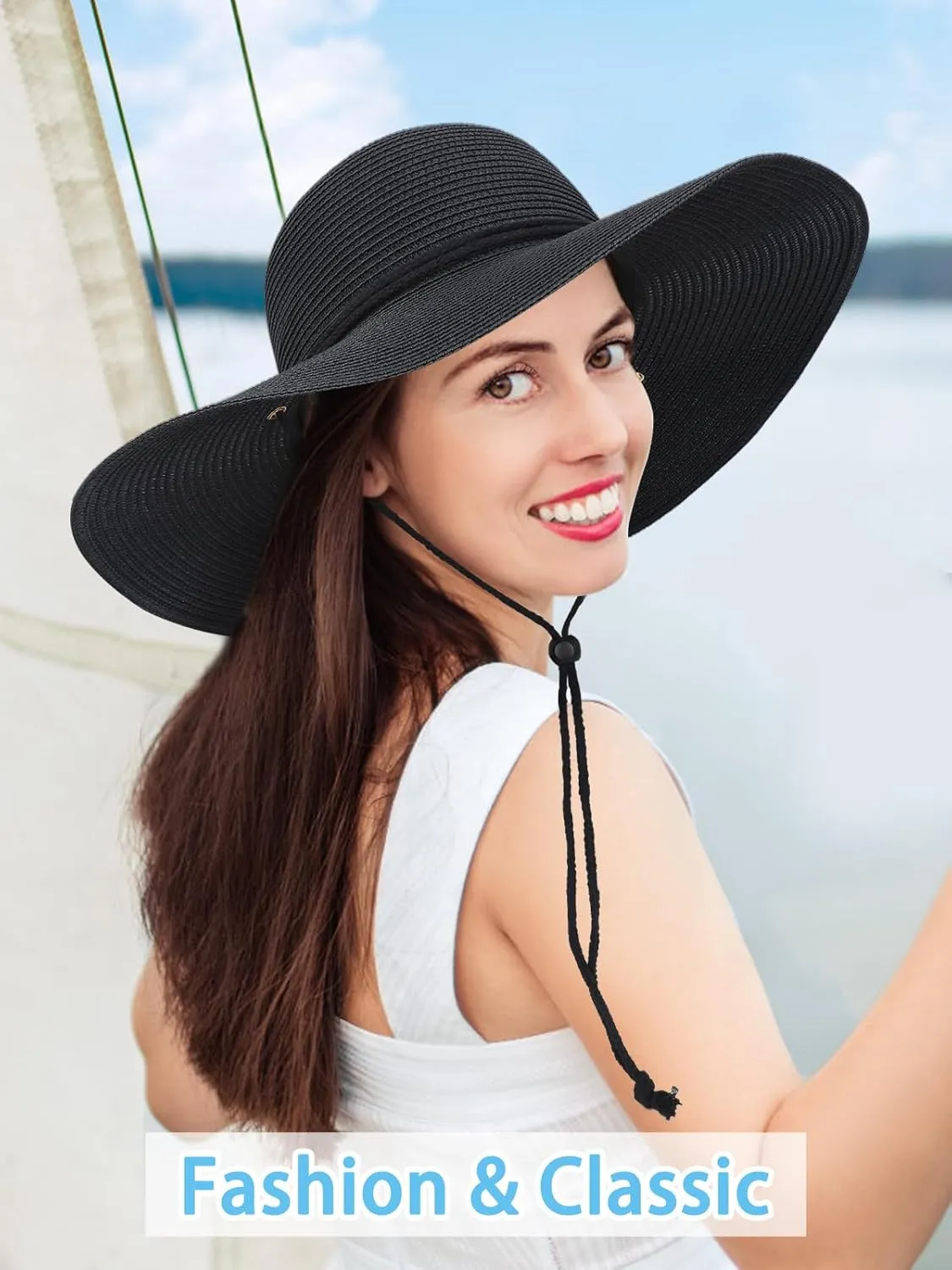 Sun Hats for Women, Oversize Wide Brim Straw Hat for Summer Travel Beach Foldable UV Protection with Wind Lanyard UPF 50 