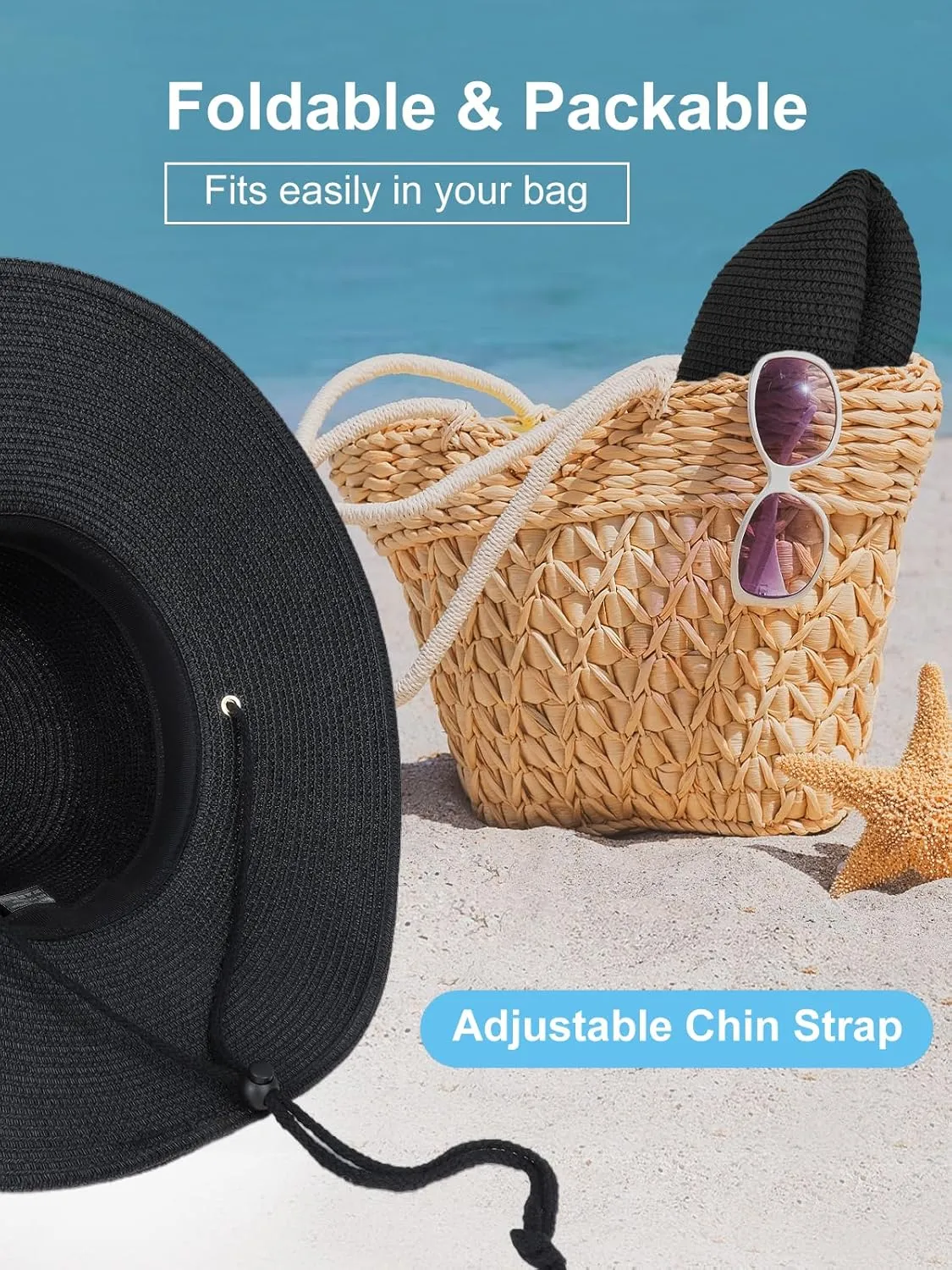 Sun Hats for Women, Oversize Wide Brim Straw Hat for Summer Travel Beach Foldable UV Protection with Wind Lanyard UPF 50 