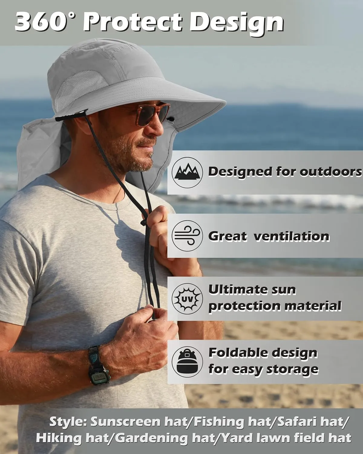 Tirrinia Neck Flap Sun Hat with Wide Brim - UPF 50  Hiking Safari Fishing Caps for Men and Women, Perfect for Outdoor Adventures