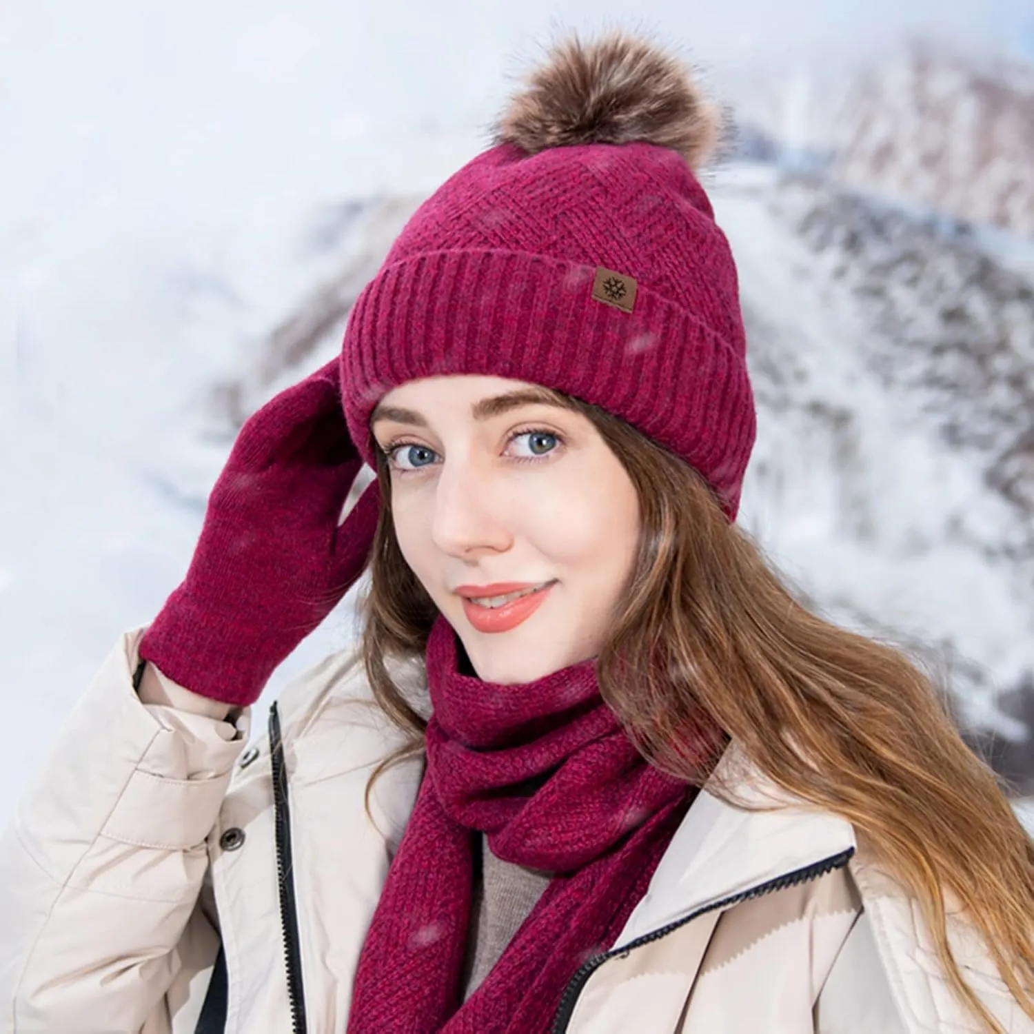 Winter Scarf Hat Glove Set Rhombus Knitted Beanie Hat with Pom Pom Long Scarf Touch Screen Gloves Warm Soft Wool