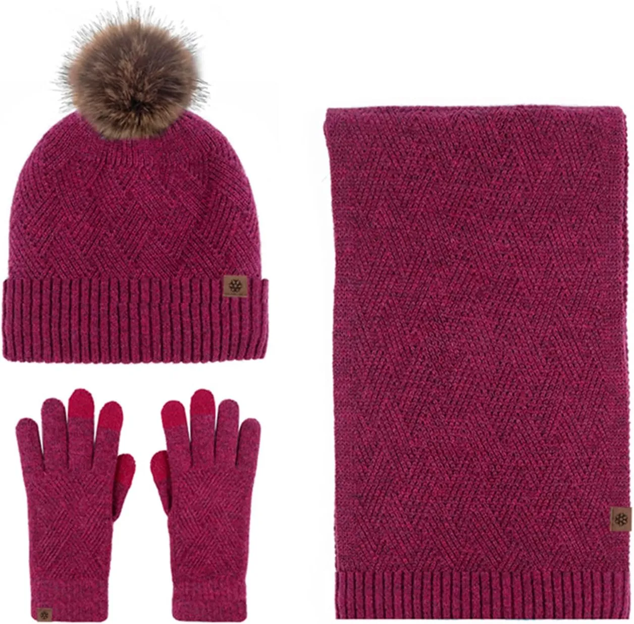 Winter Scarf Hat Glove Set Rhombus Knitted Beanie Hat with Pom Pom Long Scarf Touch Screen Gloves Warm Soft Wool