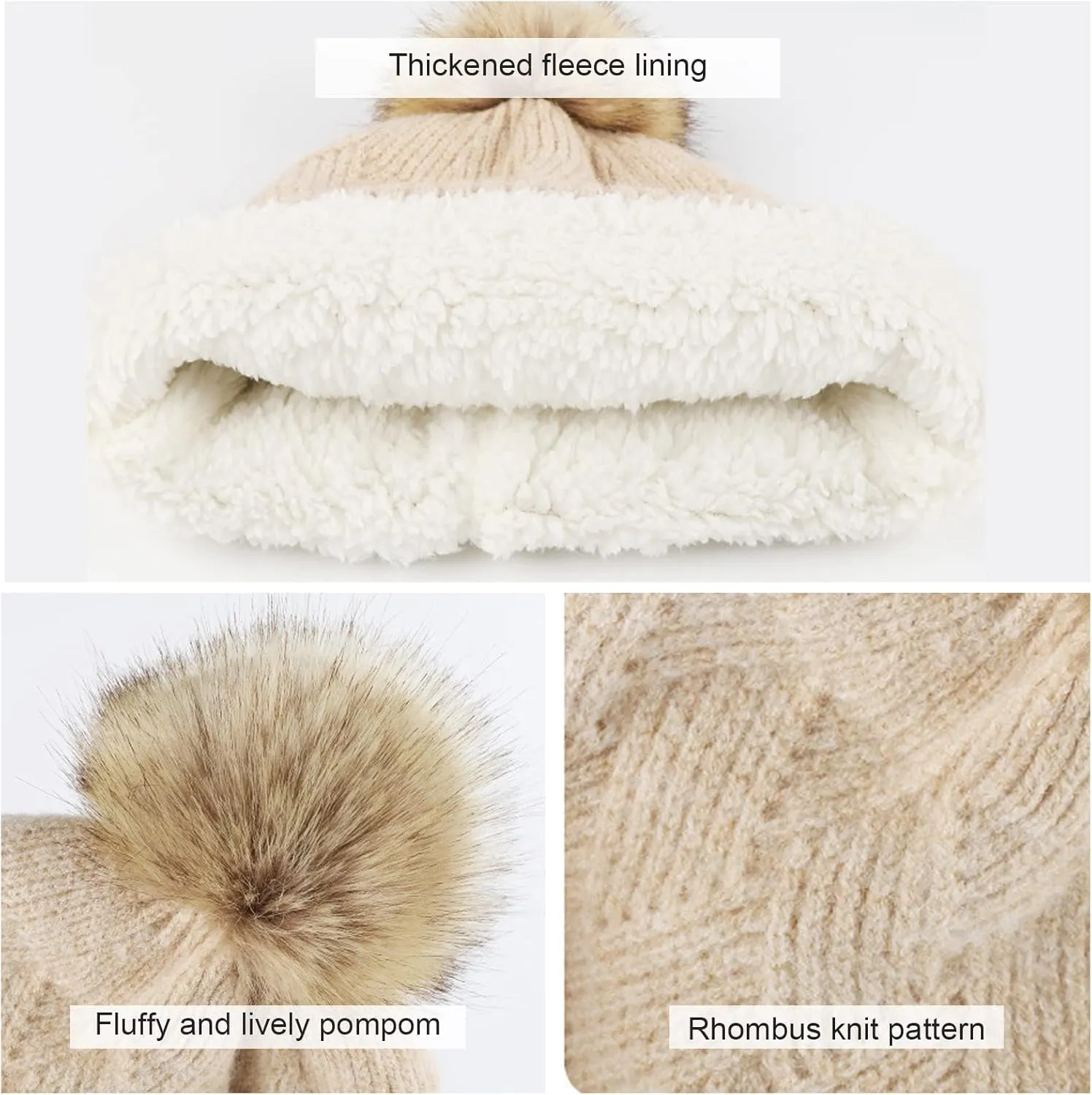 Winter Scarf Hat Glove Set Rhombus Knitted Beanie Hat with Pom Pom Long Scarf Touch Screen Gloves Warm Soft Wool