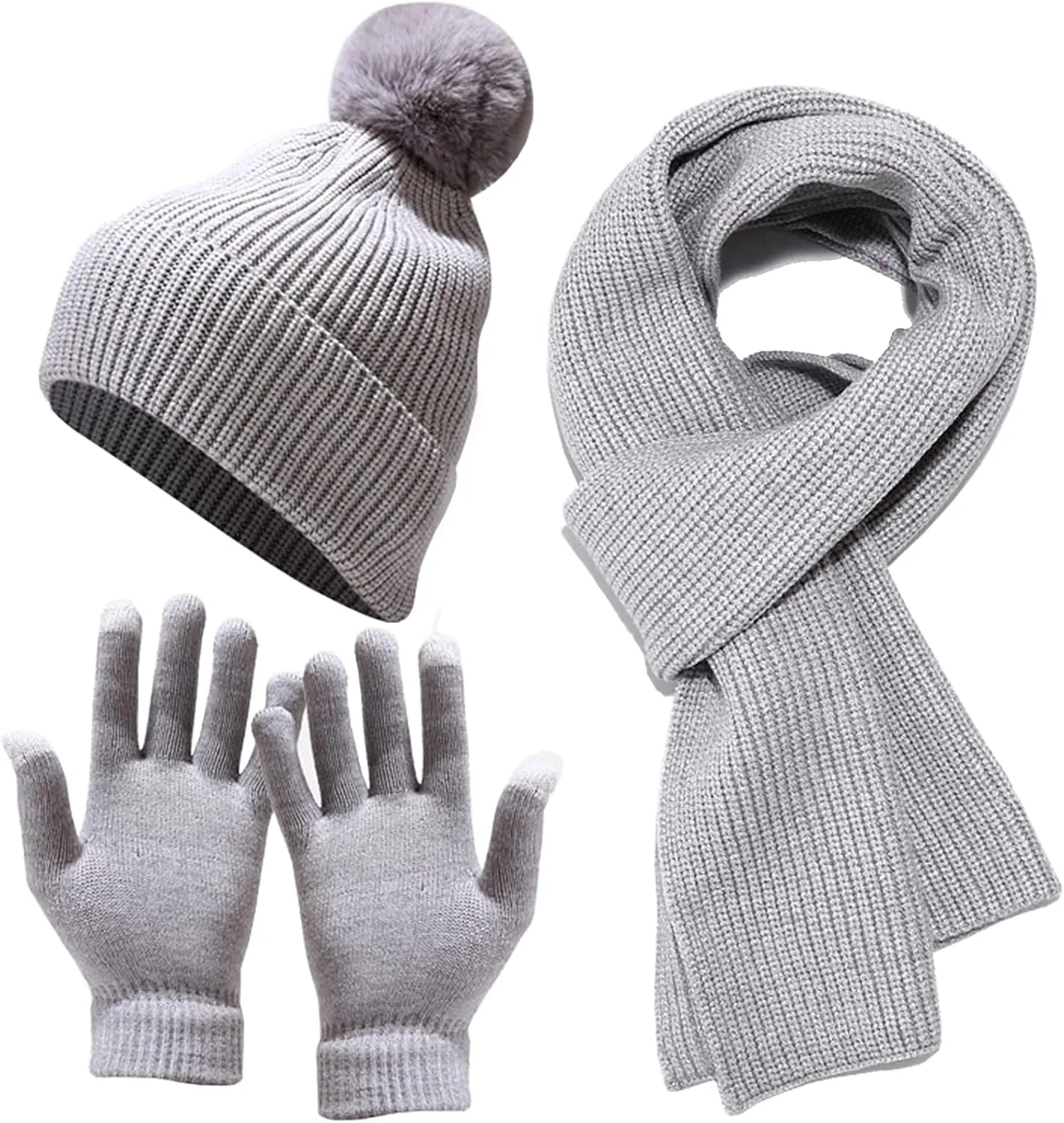 Women Girls Knit Beanie Hat Scarf and Gloves Set, Winter Soft Warm Thick Fleece Lined Knit Hat with Pompom, Gloves and Scarf