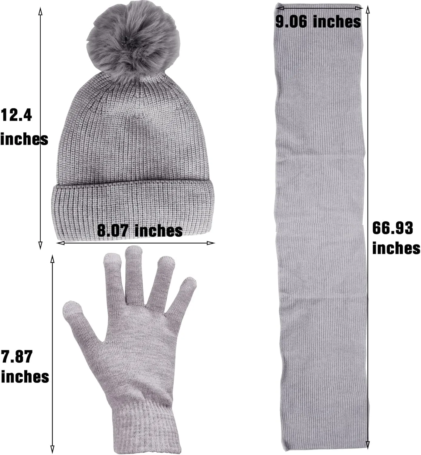 Women Girls Knit Beanie Hat Scarf and Gloves Set, Winter Soft Warm Thick Fleece Lined Knit Hat with Pompom, Gloves and Scarf