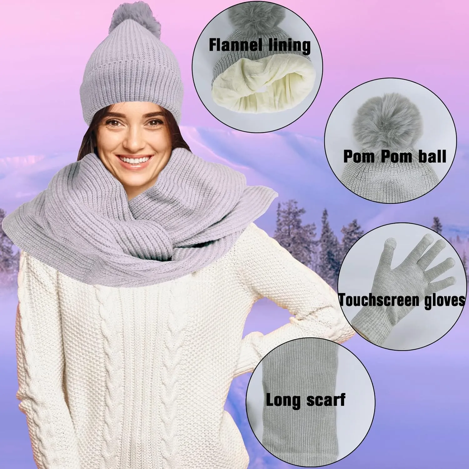 Women Girls Knit Beanie Hat Scarf and Gloves Set, Winter Soft Warm Thick Fleece Lined Knit Hat with Pompom, Gloves and Scarf
