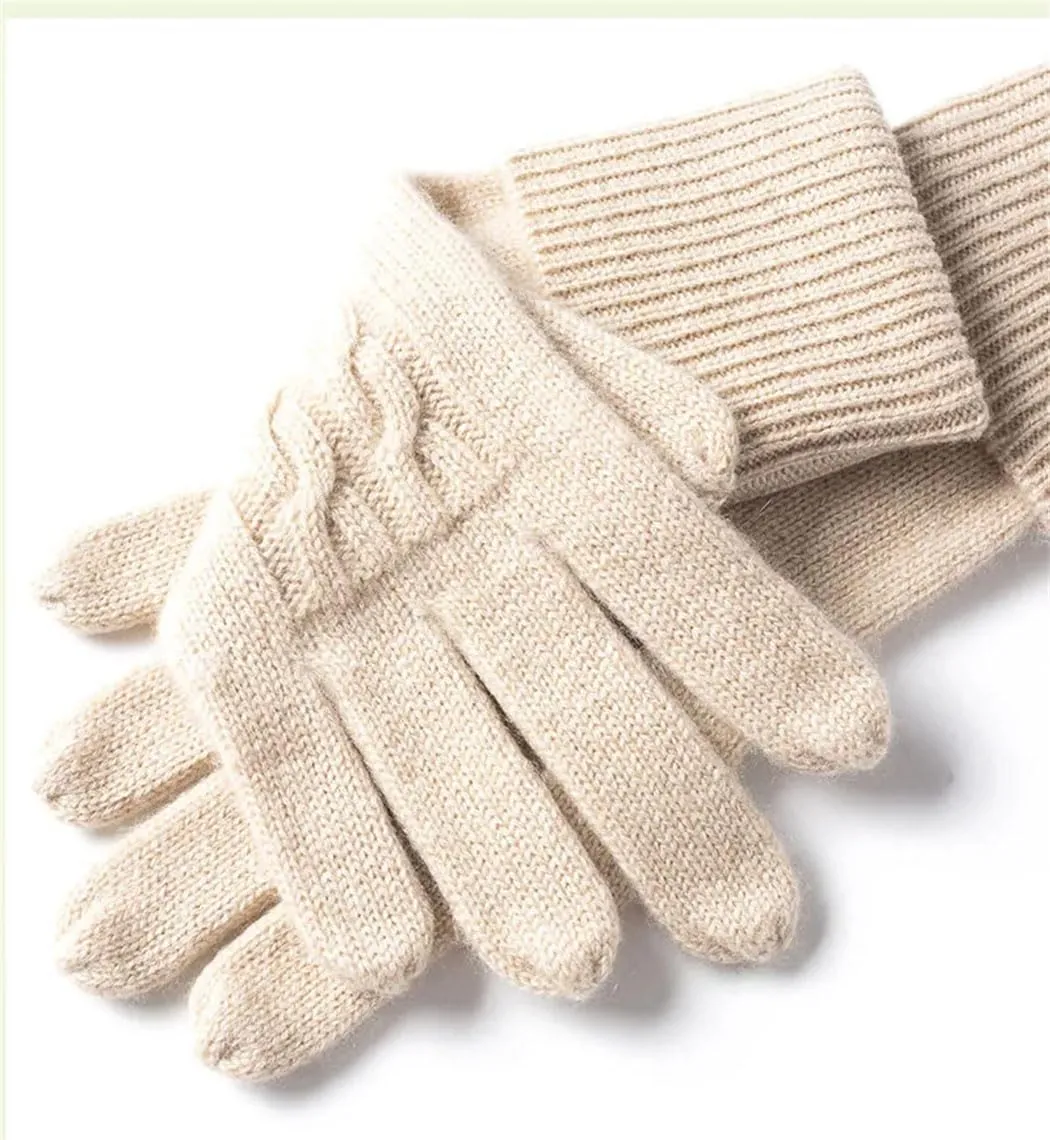Women’S 100% Cashmere Twisted Knit Solid Long Gloves Winter Thicken Ultra Soft Ribbed Cuffs Mittens